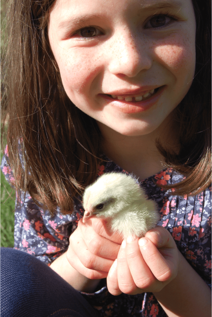 girl holding baby chick