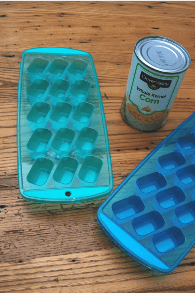 close up of a can of corn and 2 ice cube trays on a table