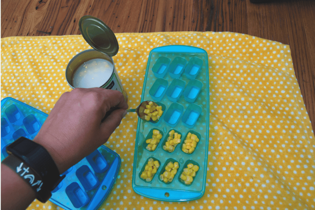 hand using a spoon to fill ice cube trays with canned corn