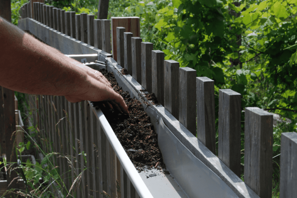 close up of hands putting dirt in a gutter handing from a fence