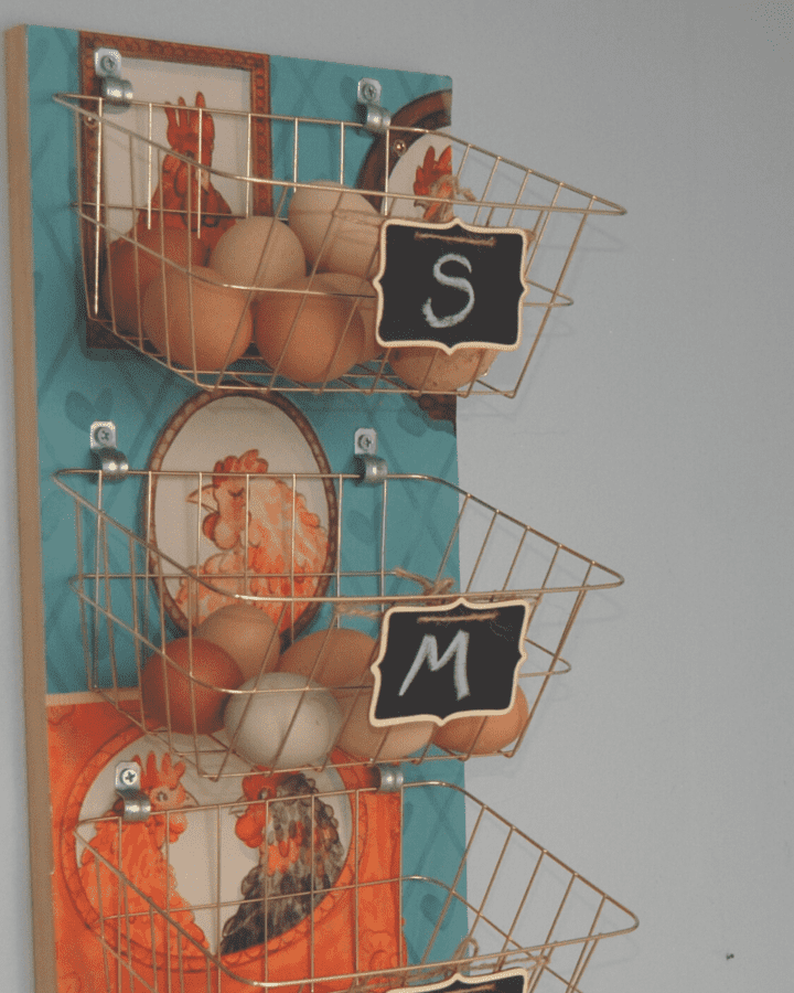 baskets mounted on wall for daily egg storage